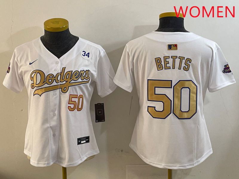 Women Los Angeles Dodgers #50 Betts White Champion gold character 2025 Nike MLB Jersey style 4093->women mlb jersey->Women Jersey